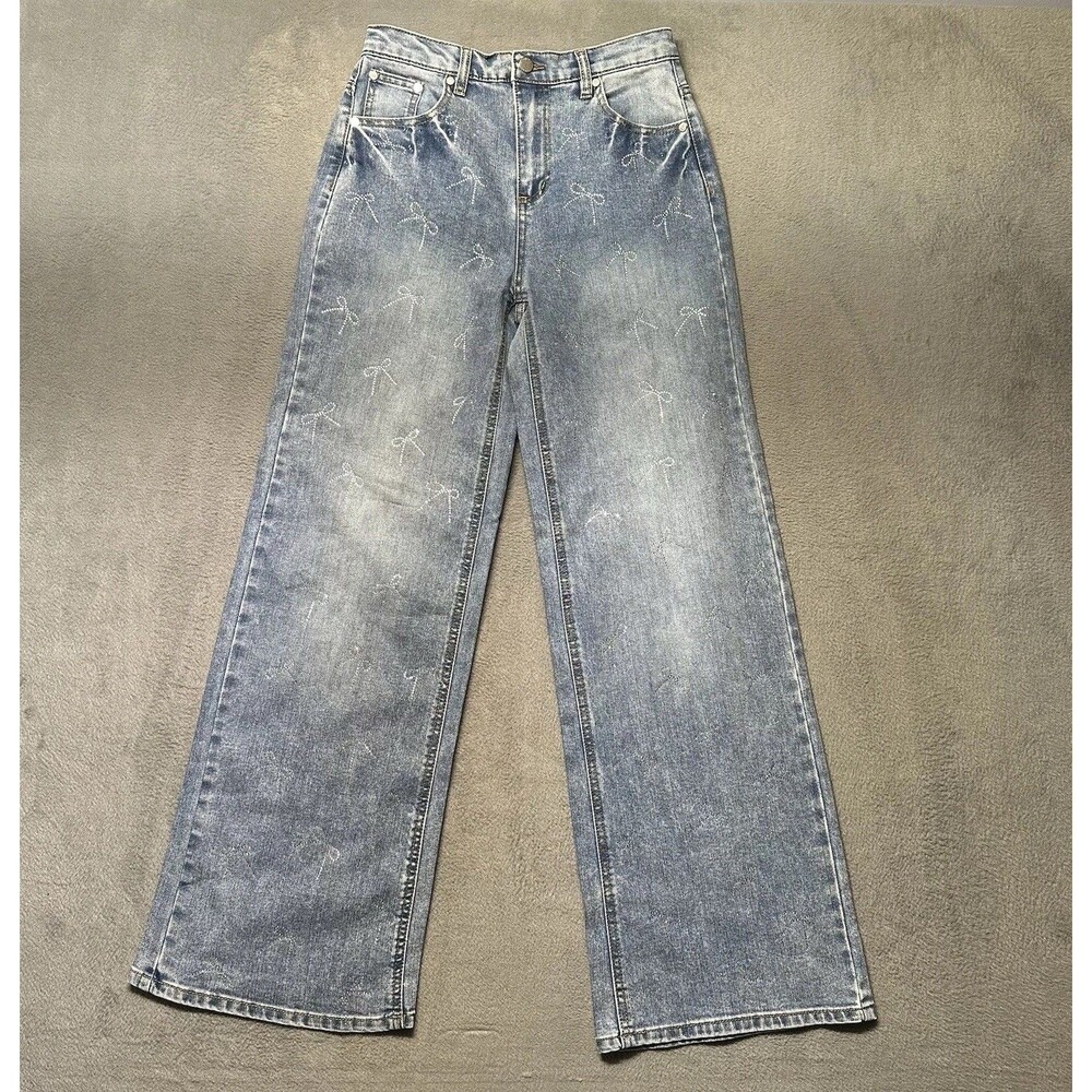 OAT New York Womens 2/26 Bow Rhinestone Jeans Blue Wide Leg High Rise Y2K EUC